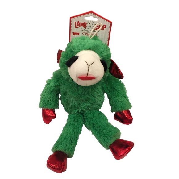 Lamb Chop 13" Large Holiday Green Floppy Limbs Red Metallic Squeak Plush Dog Toy - Picture 2 of 4